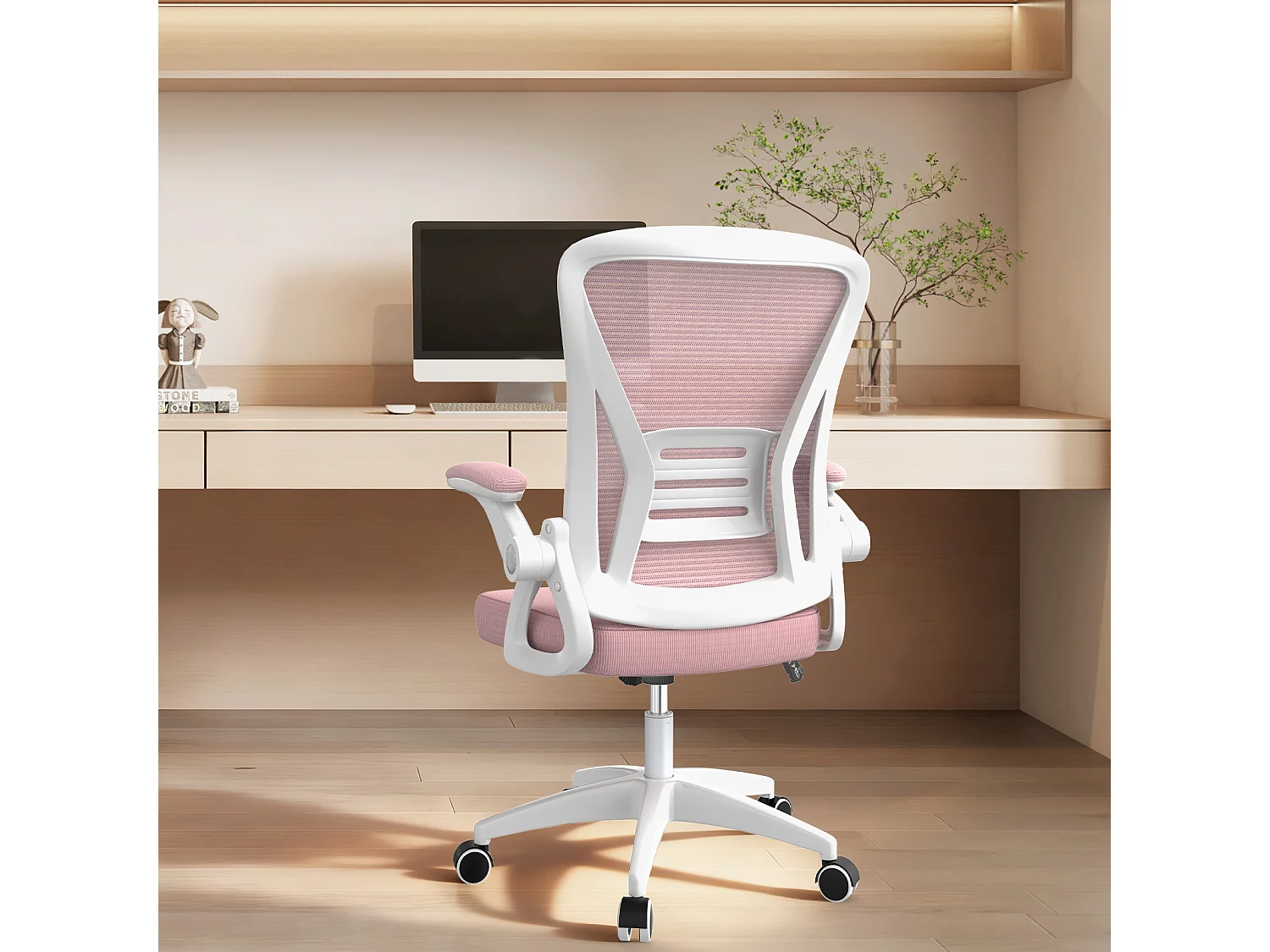 Chaise de bureau ergonomique avec accoudoirs rabattables à 90° et soutien lombaire, chaise de bureau à hauteur réglable avec coussin d'assise rembourré