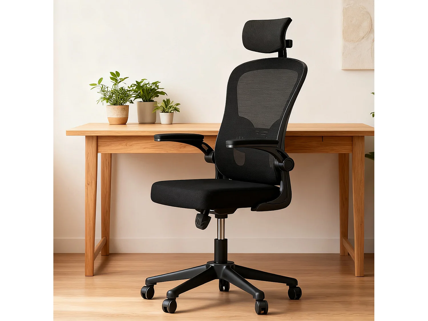 Chaise de bureau ergonomique avec hauteur réglable, appui-tête, accoudoirs rabattables et soutien lombaire