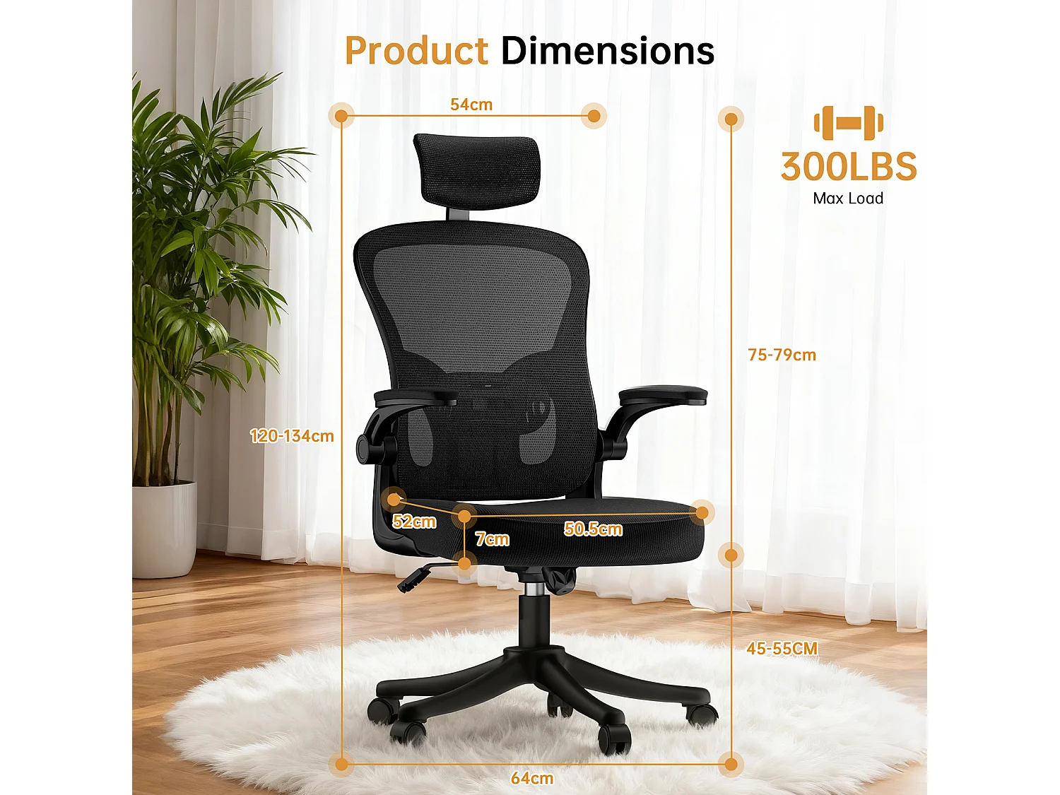 Chaise de bureau ergonomique avec hauteur réglable, appui-tête, accoudoirs rabattables et soutien lombaire