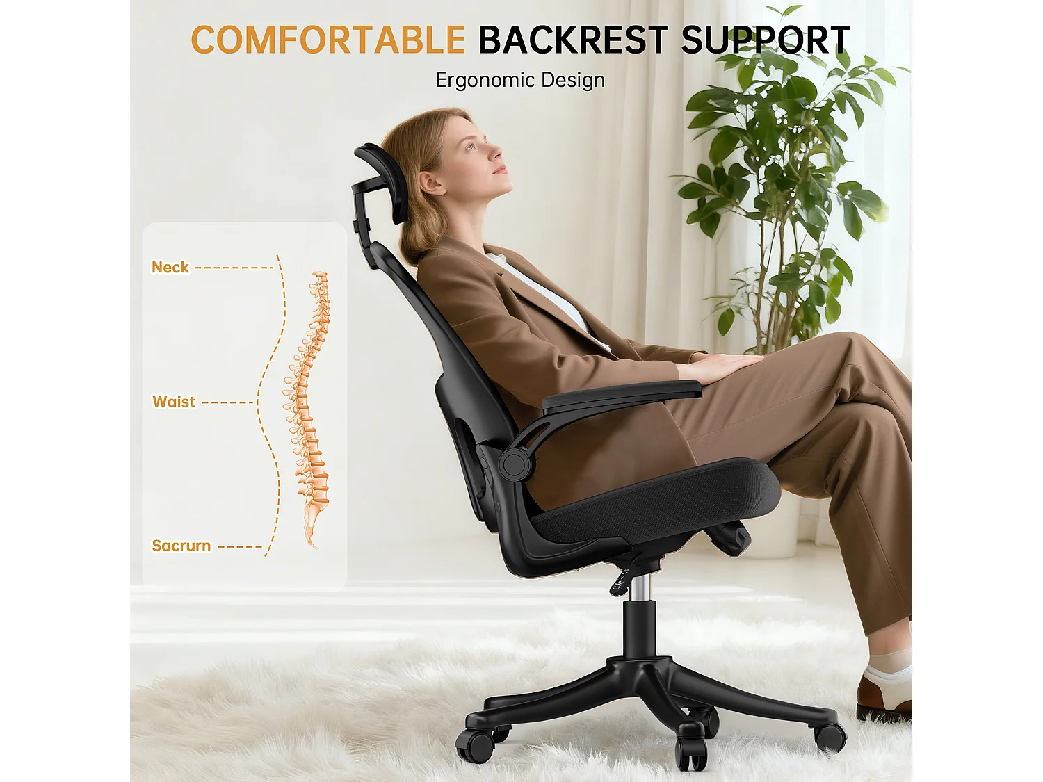 Chaise de bureau ergonomique avec hauteur réglable, appui-tête, accoudoirs rabattables et soutien lombaire
