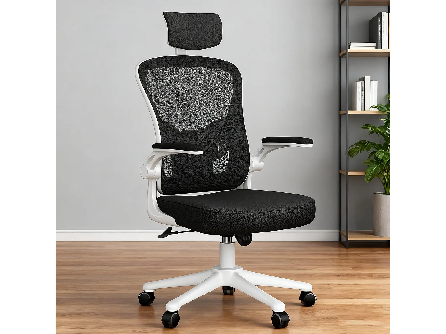 Chaise de bureau ergonomique avec hauteur réglable, appui-tête, accoudoirs rabattables et soutien lombaire