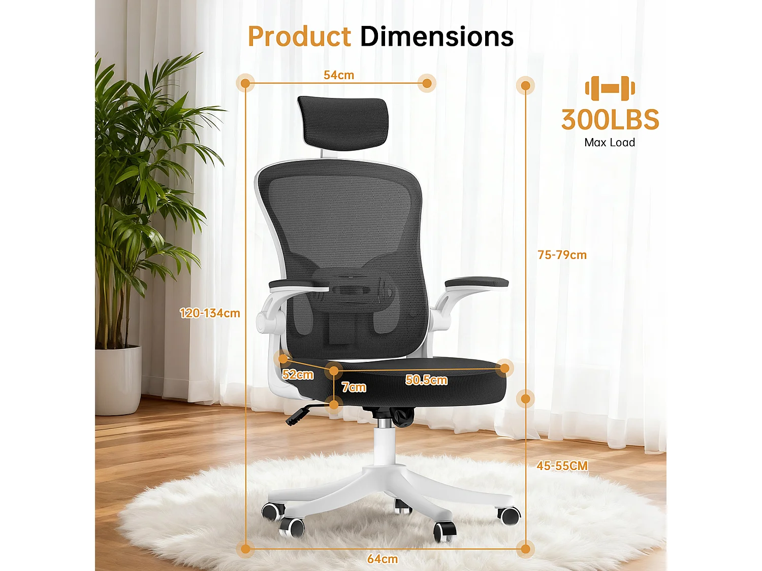 Chaise de bureau ergonomique avec hauteur réglable, appui-tête, accoudoirs rabattables et soutien lombaire