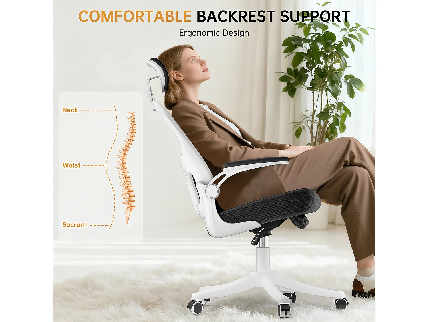 Chaise de bureau ergonomique avec hauteur réglable, appui-tête, accoudoirs rabattables et soutien lombaire