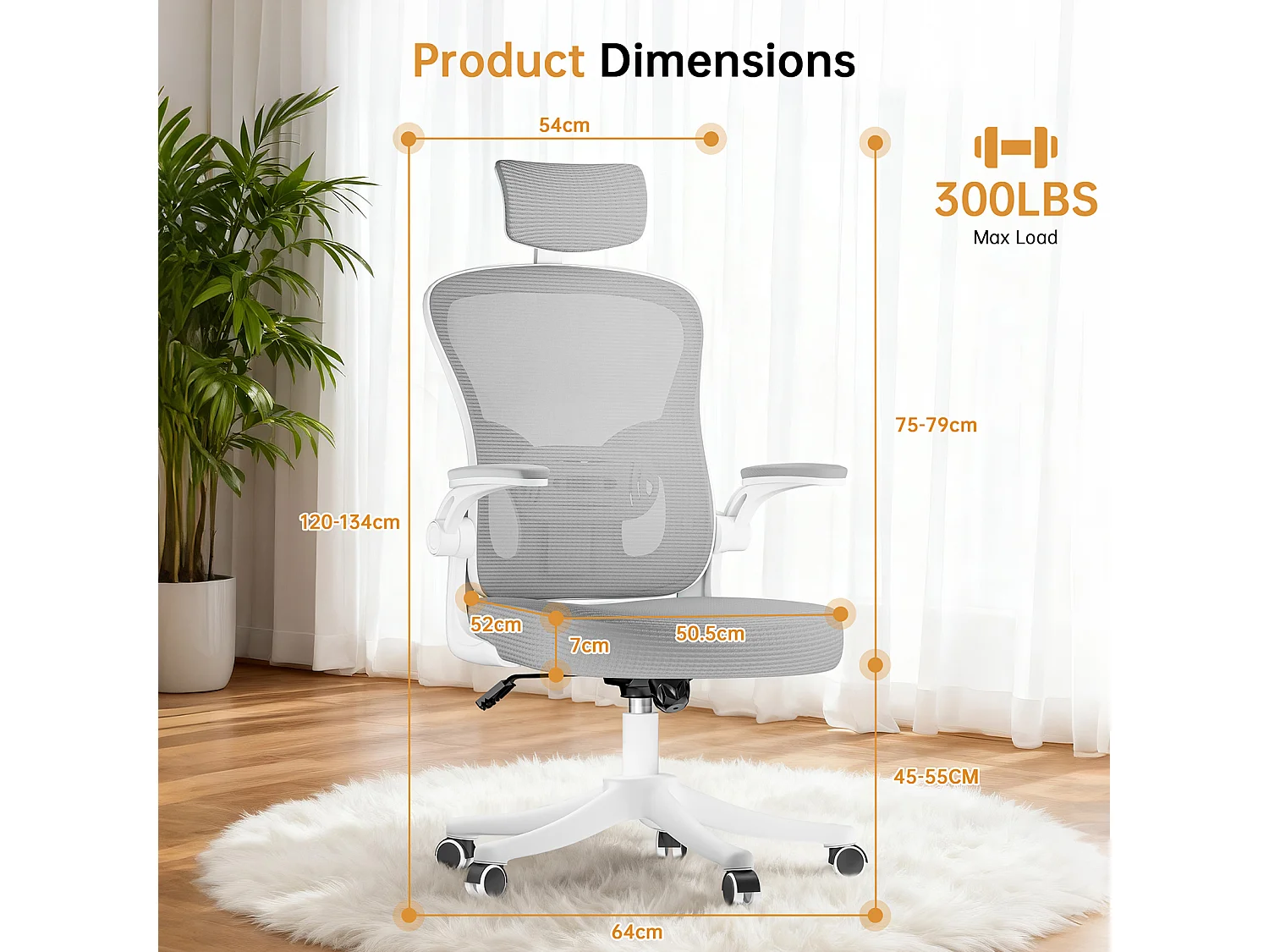 Chaise de bureau ergonomique avec hauteur réglable, appui-tête, accoudoirs rabattables et soutien lombaire