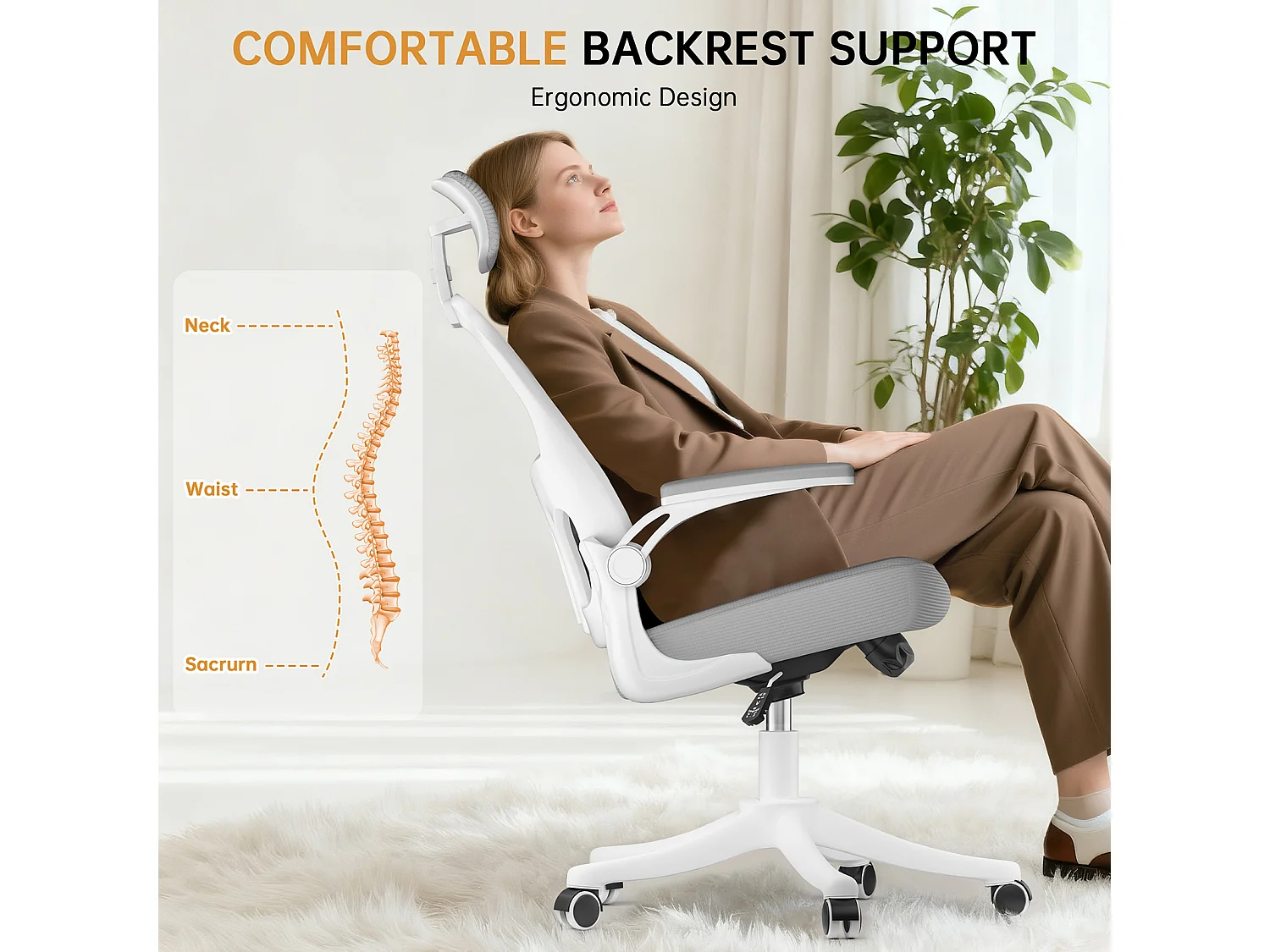 Chaise de bureau ergonomique avec hauteur réglable, appui-tête, accoudoirs rabattables et soutien lombaire