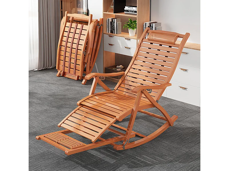 Bamboo Foldable Rocking Chair with Massage Footrest - Brown