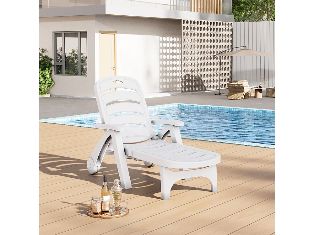 White Outdoor Plastic Foldable Recliner with Wheels