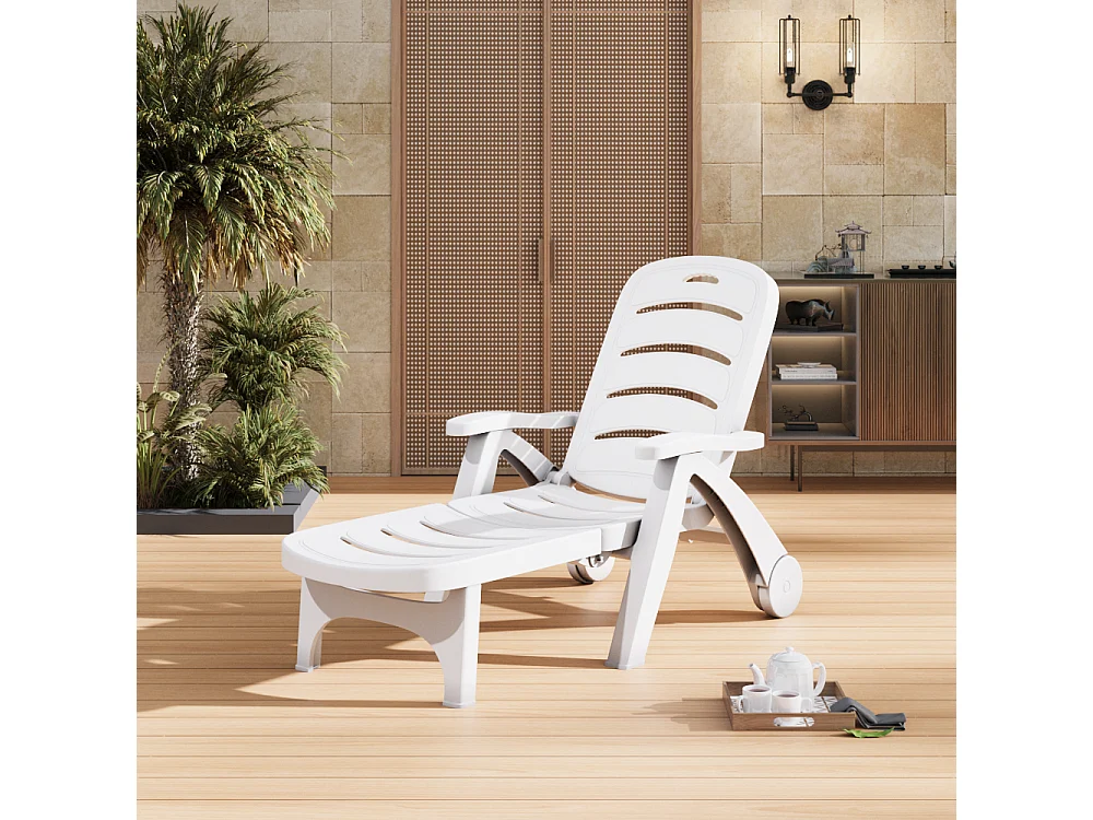 White Outdoor Plastic Foldable Recliner with Wheels