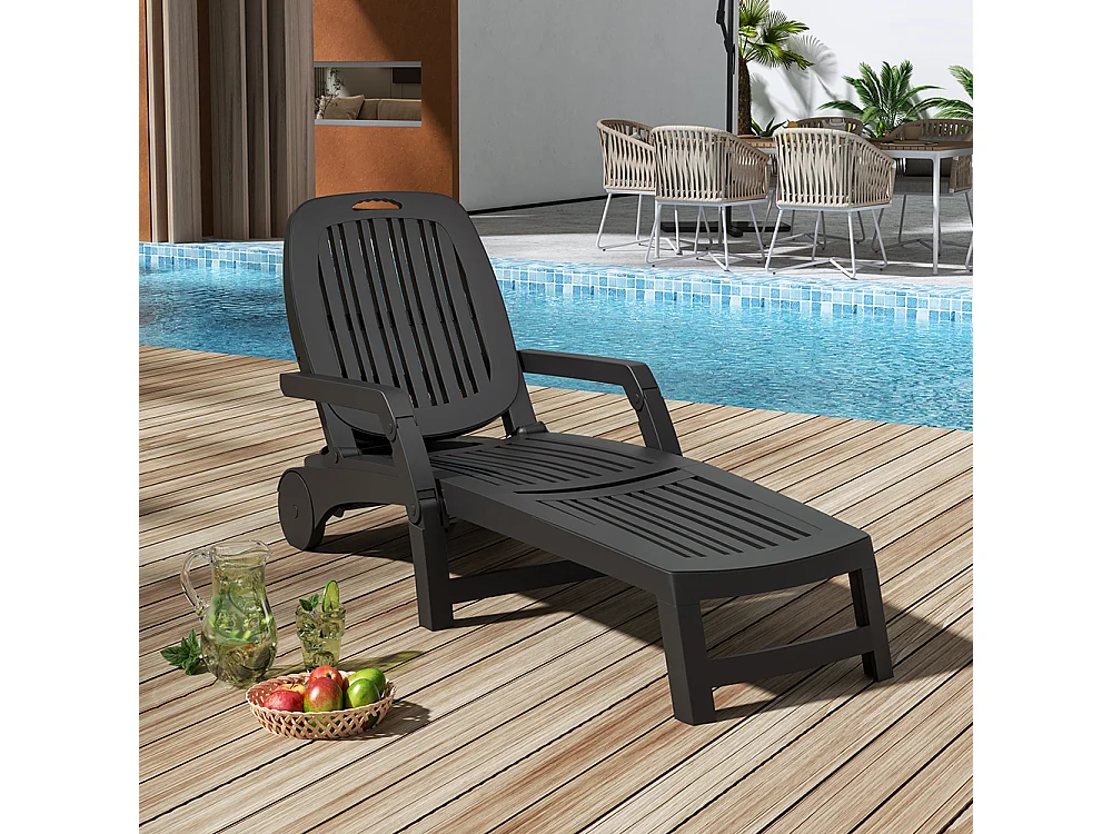 Black Outdoor Plastic Folding Sun Lounger with Wheels