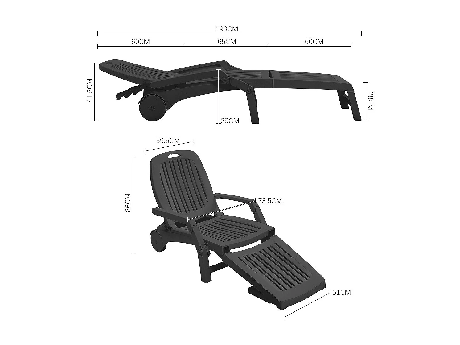 Black Outdoor Plastic Folding Sun Lounger with Wheels