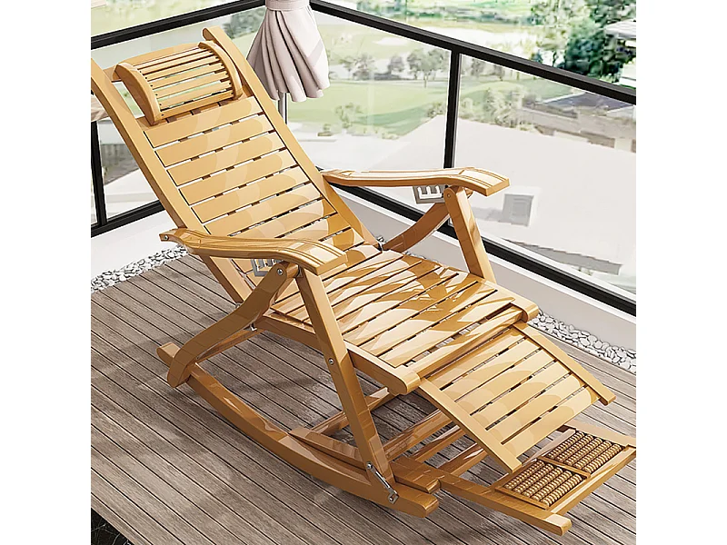 Bamboo Foldable Rocking Chair with Massage Footrest - Natural