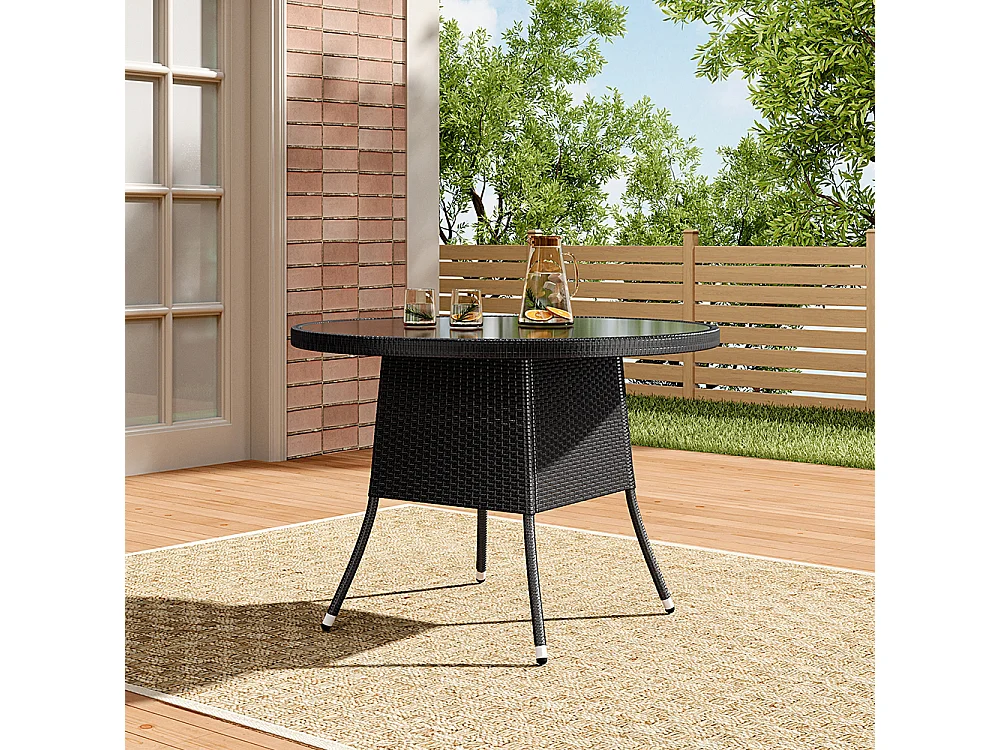 Round Rattan Garden Table with Tempered Glass Top & Parasol Hole - Brown