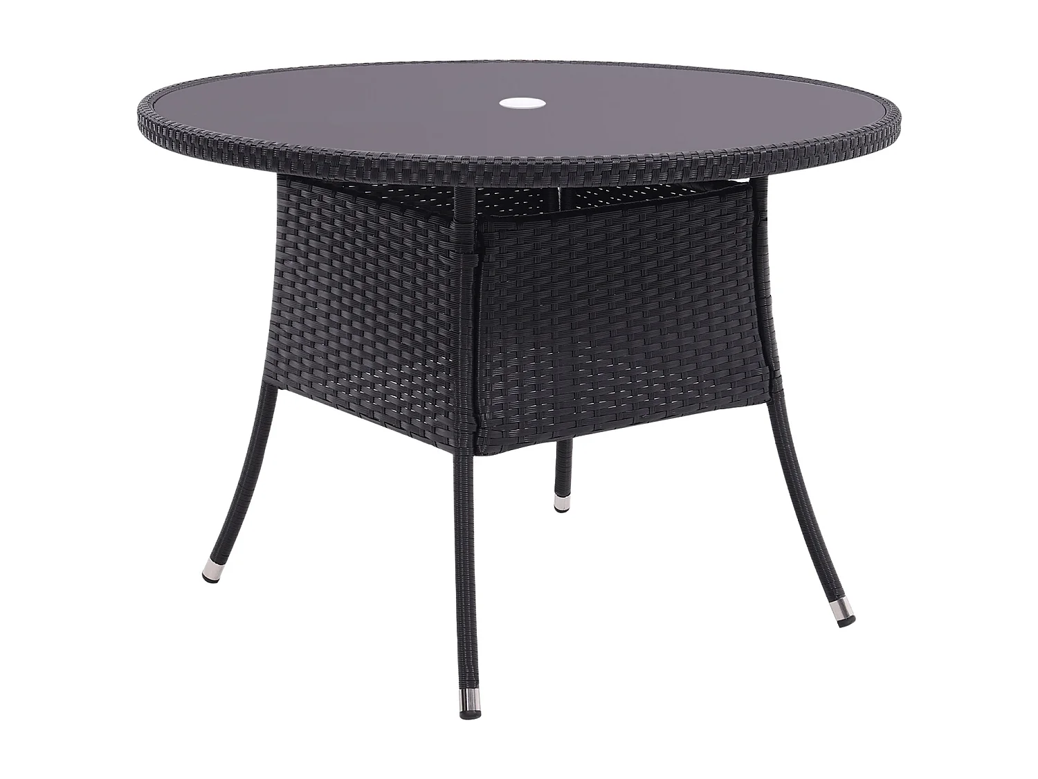 Round Rattan Garden Table with Tempered Glass Top & Parasol Hole - Brown