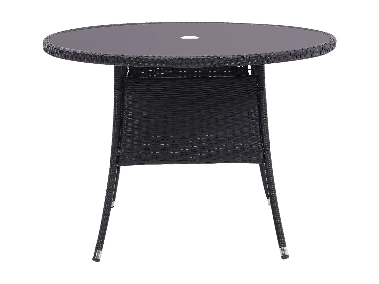 Round Rattan Garden Table with Tempered Glass Top & Parasol Hole - Brown
