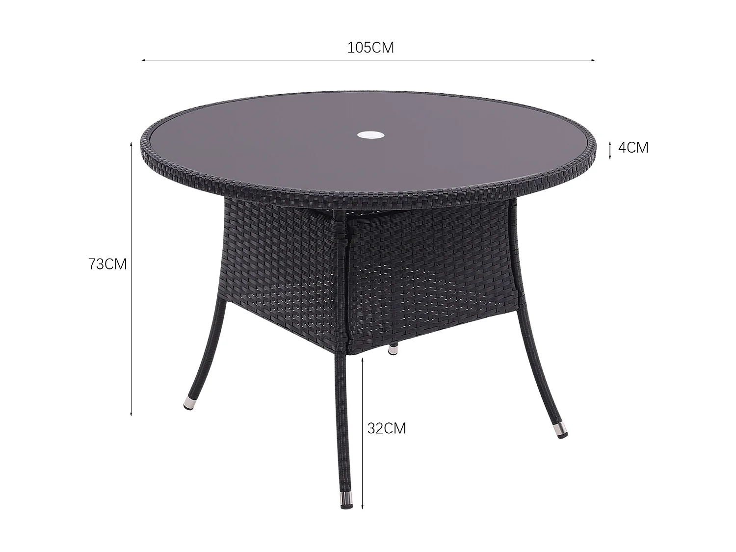 Round Rattan Garden Table with Tempered Glass Top & Parasol Hole - Brown
