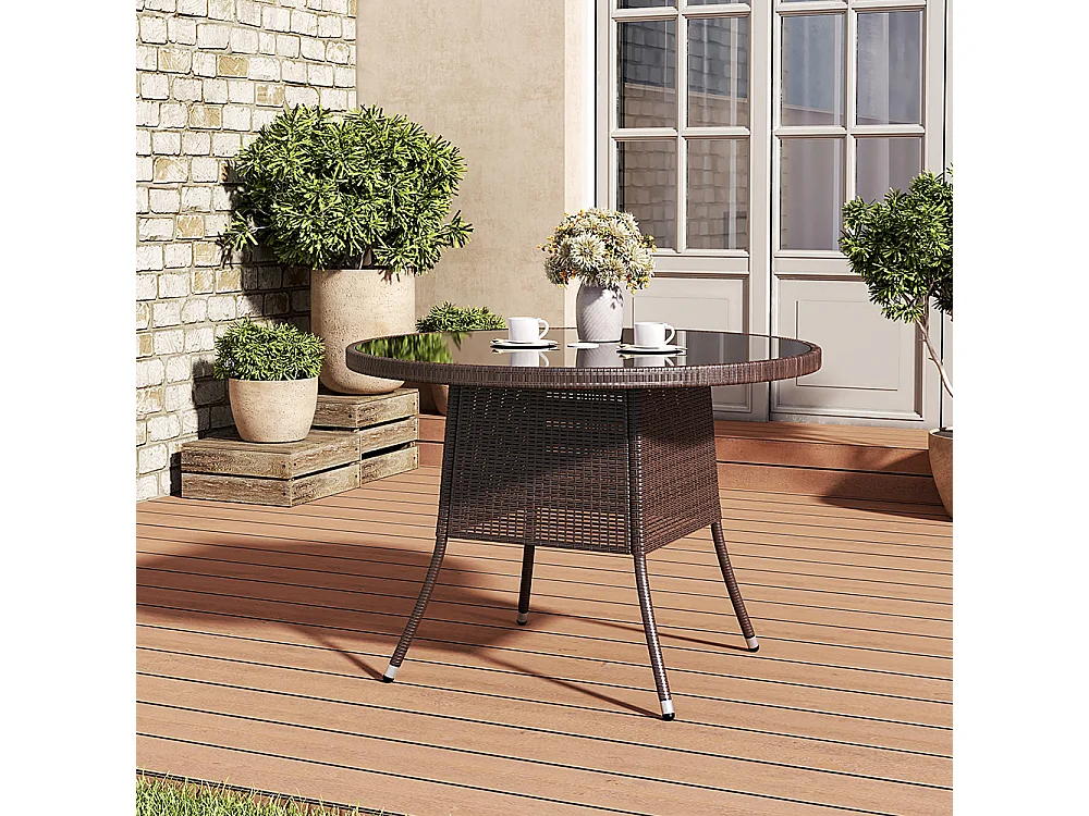 Round Rattan Garden Table with Tempered Glass Top & Parasol Hole - Black