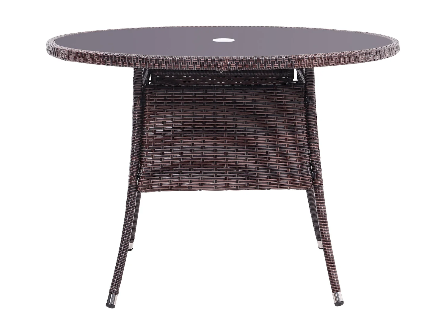 Round Rattan Garden Table with Tempered Glass Top & Parasol Hole - Black