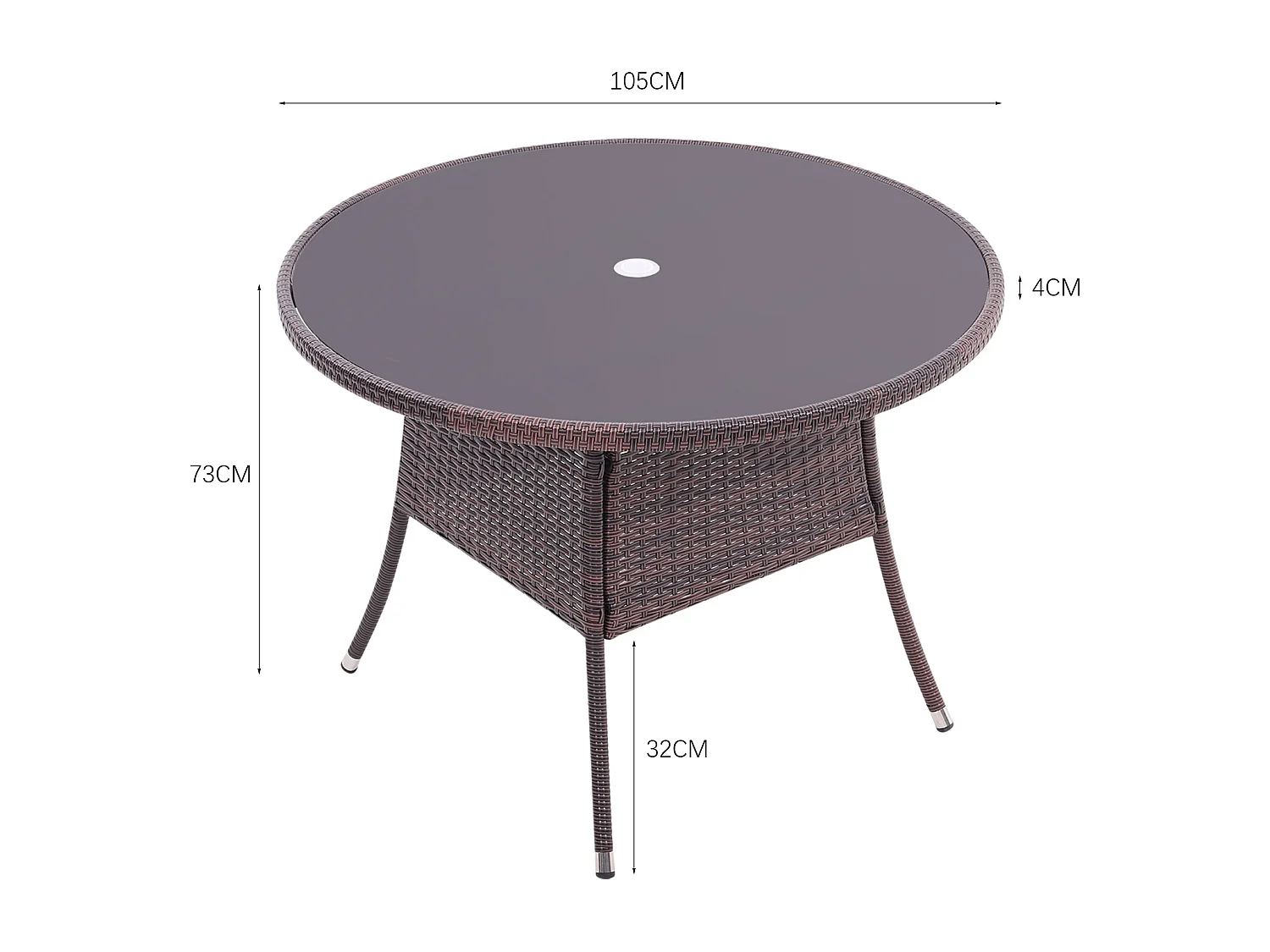 Round Rattan Garden Table with Tempered Glass Top & Parasol Hole - Black