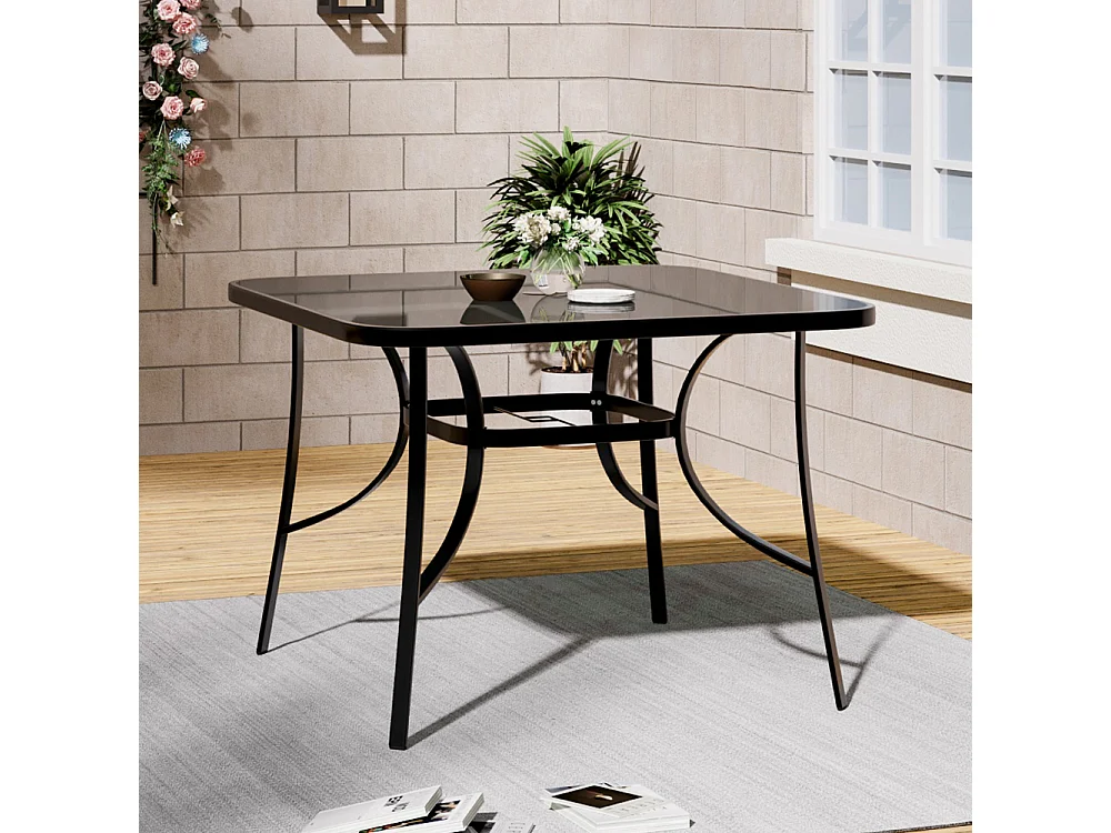 105cm Black Tempered Glass Patio Table with Parasol Hole - Square