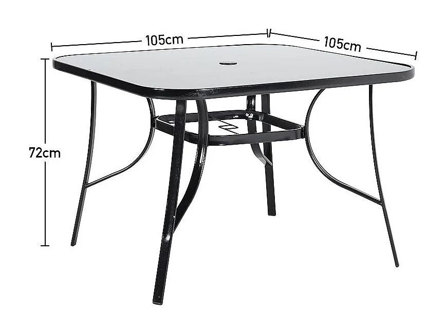 105cm Black Tempered Glass Patio Table with Parasol Hole - Square