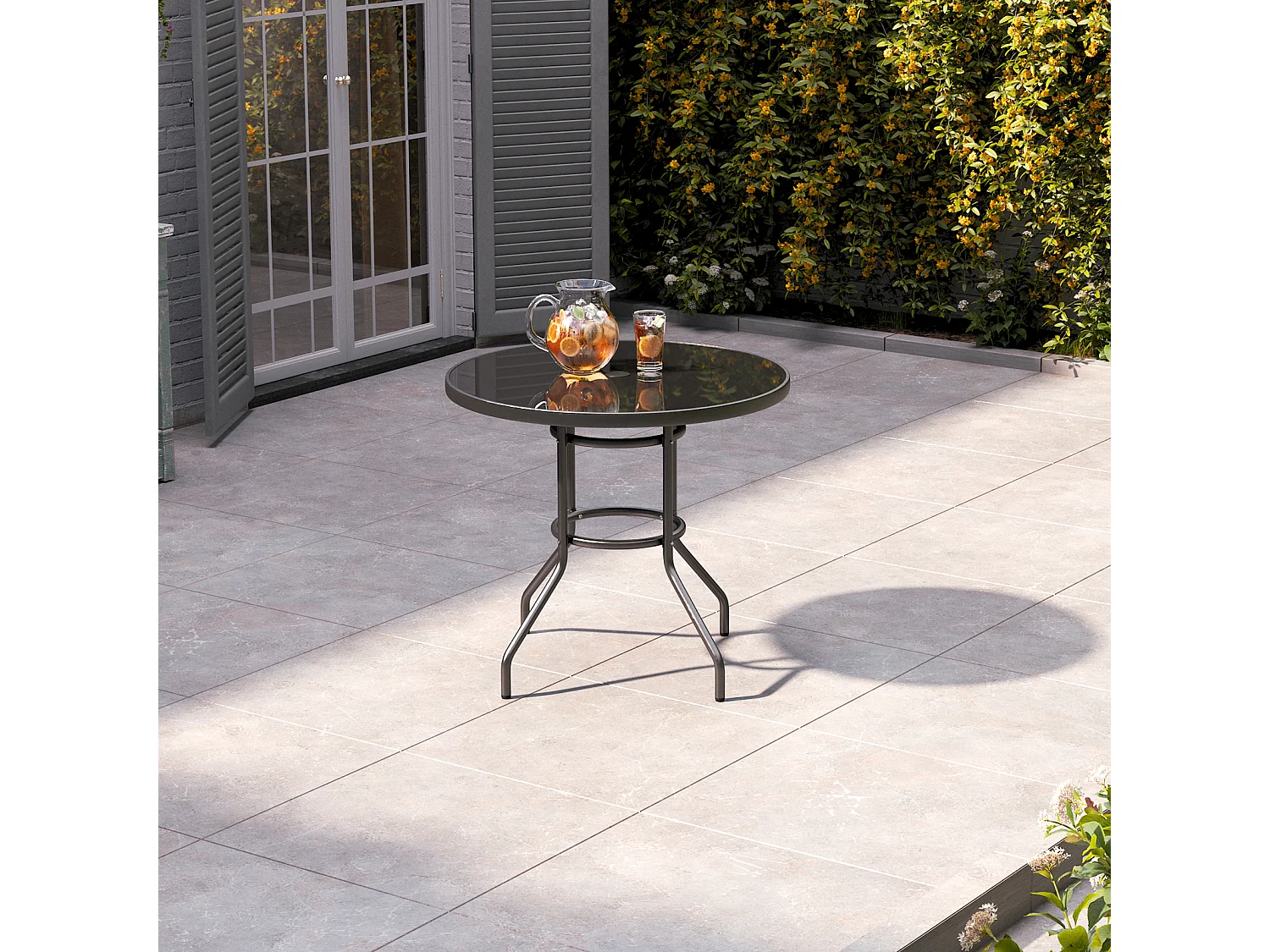 80cm Black Tempered Glass Patio Table with Parasol Hole - Round