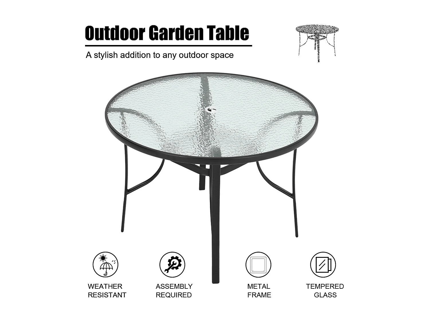 Black Outdoor Tempered Glass Table - 105cm