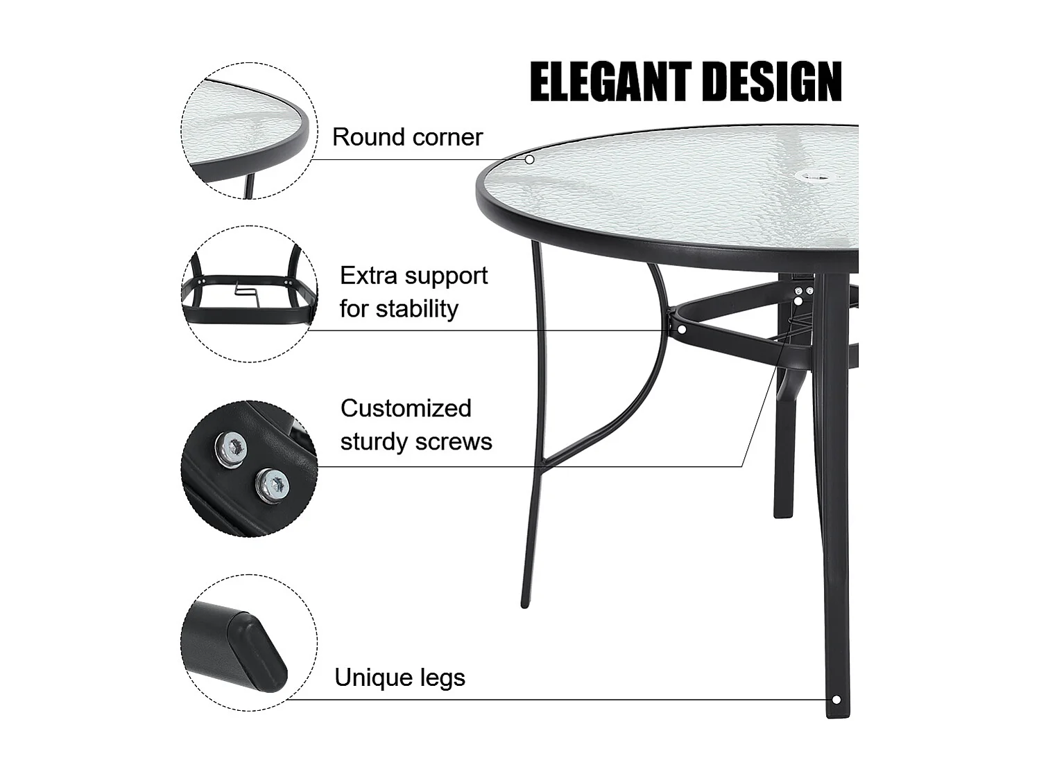 Black Outdoor Tempered Glass Table - 105cm