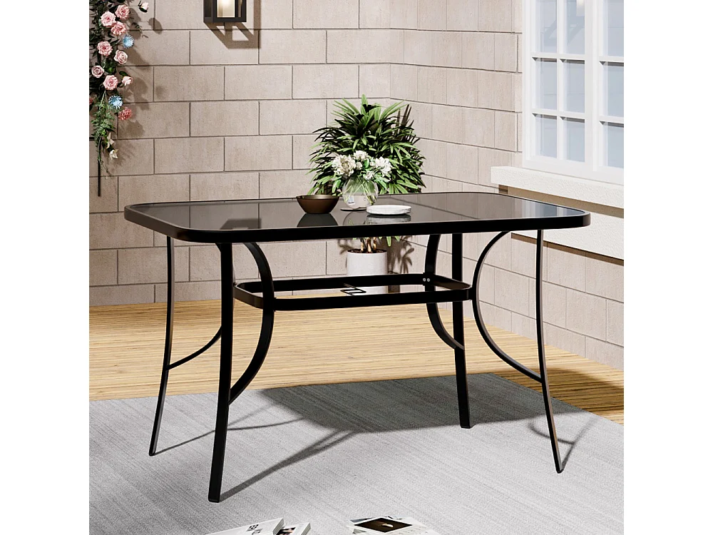 Black Glass Rectangular Patio Table with Parasol Hole - 120 x 80cm
