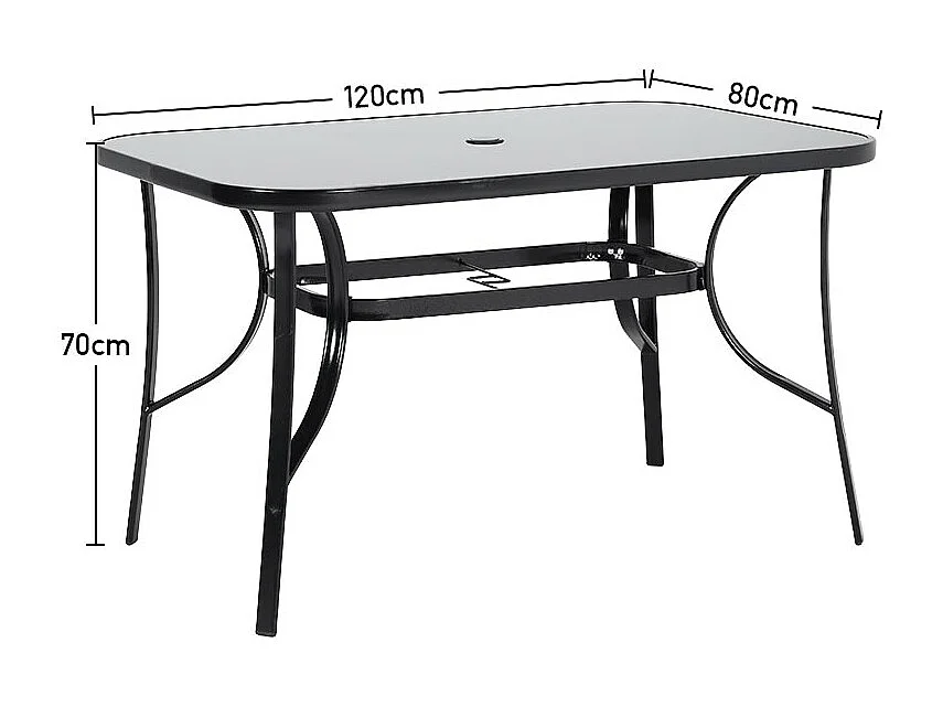 Black Glass Rectangular Patio Table with Parasol Hole - 120 x 80cm