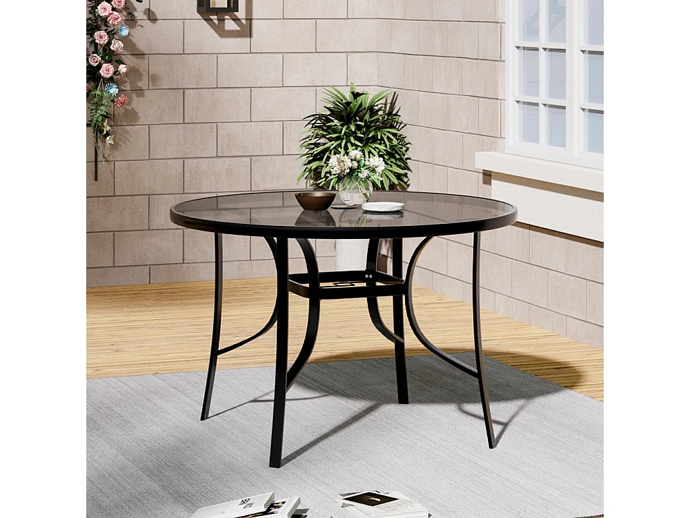 105cm Black Tempered Glass Patio Table with Parasol Hole - Round
