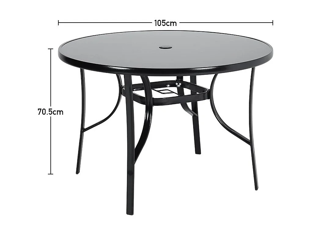 105cm Black Tempered Glass Patio Table with Parasol Hole - Round