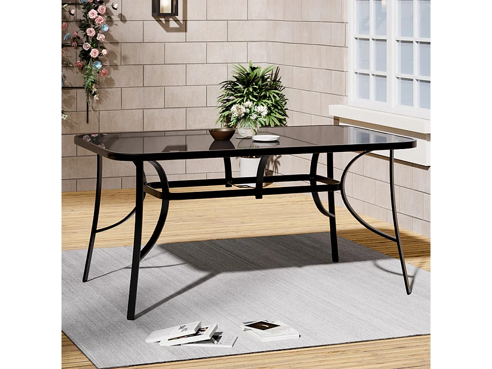 Black Glass Rectangular Patio Table with Parasol Hole - 150 x 90cm