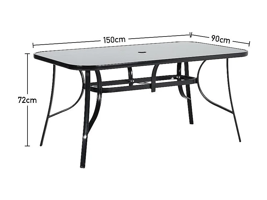 Black Glass Rectangular Patio Table with Parasol Hole - 150 x 90cm