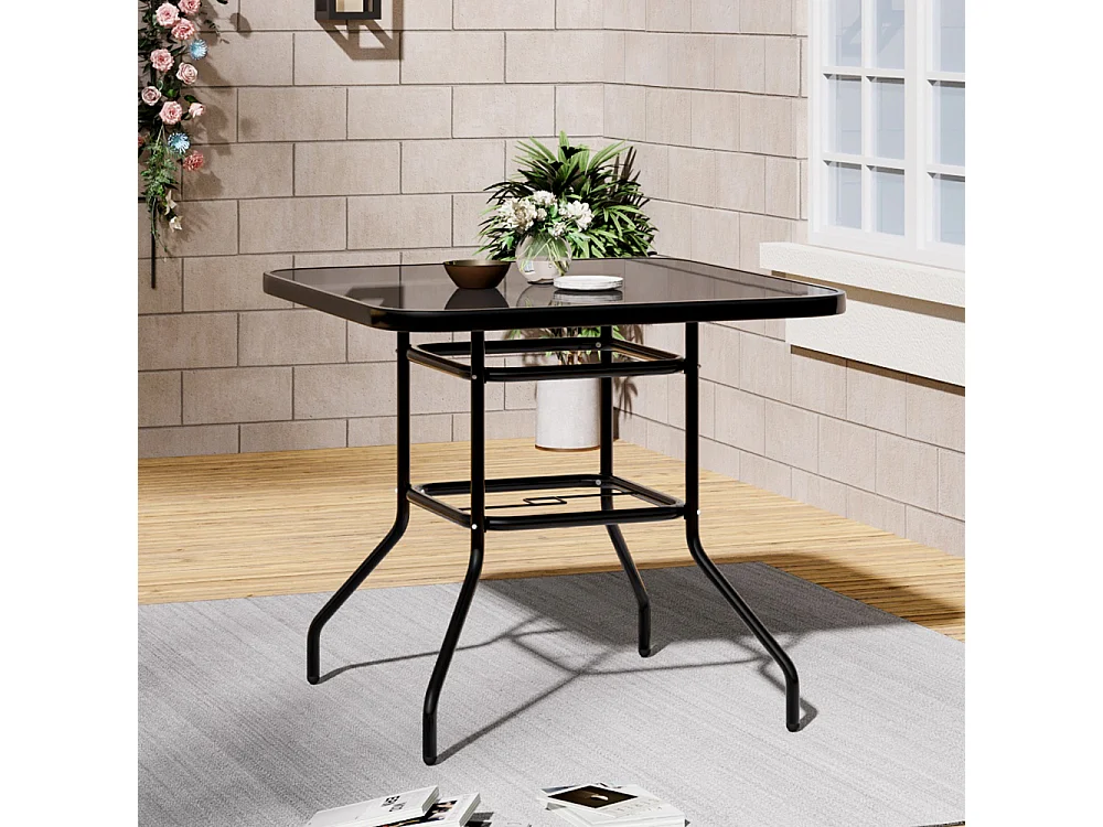 80cm Black Tempered Glass Patio Table with Parasol Hole - Square