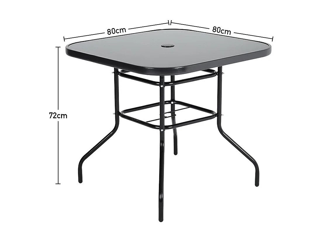 80cm Black Tempered Glass Patio Table with Parasol Hole - Square
