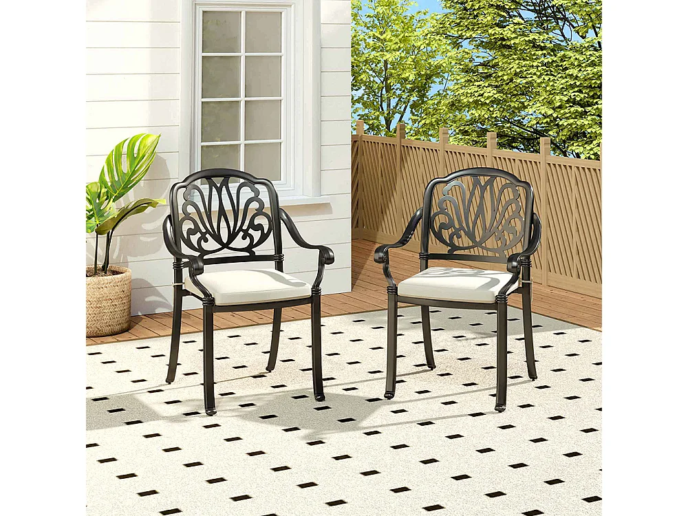 Set of 2 Black Cast Aluminum Garden Chairs with Floral Back