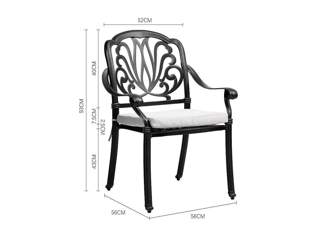 Set of 2 Black Cast Aluminum Garden Chairs with Floral Back