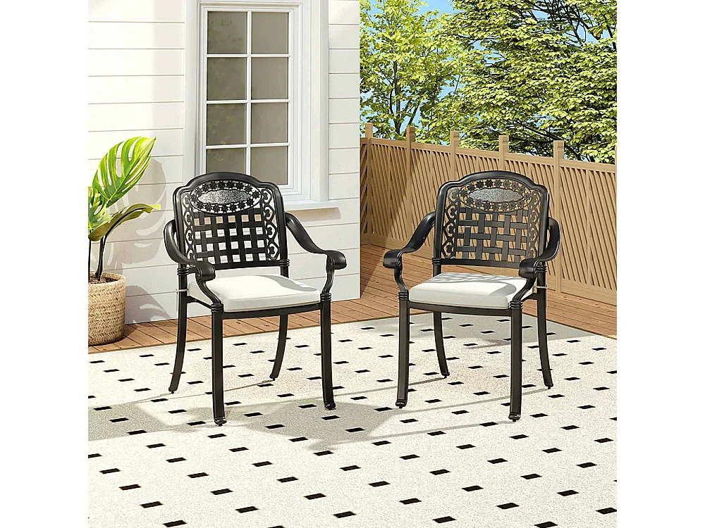 Set of 2 Black Cast Aluminum Garden Chairs with Lattice Back