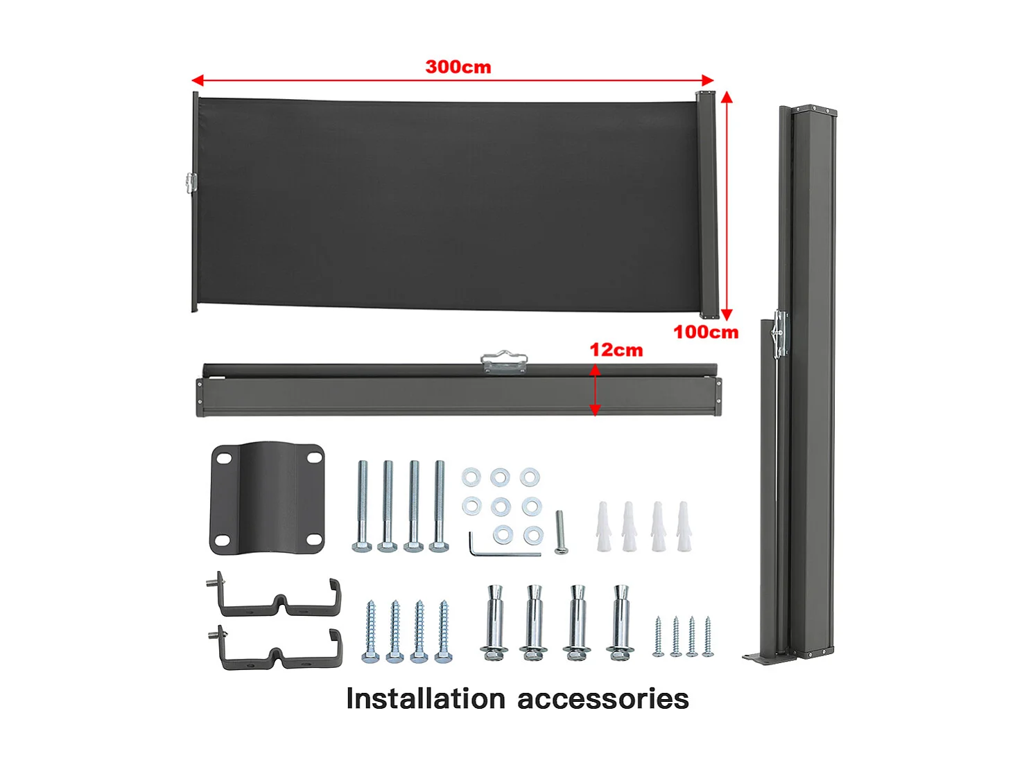 3M Retractable Side Awning with UV & Water Resistant -  100cm H - Dark Grey