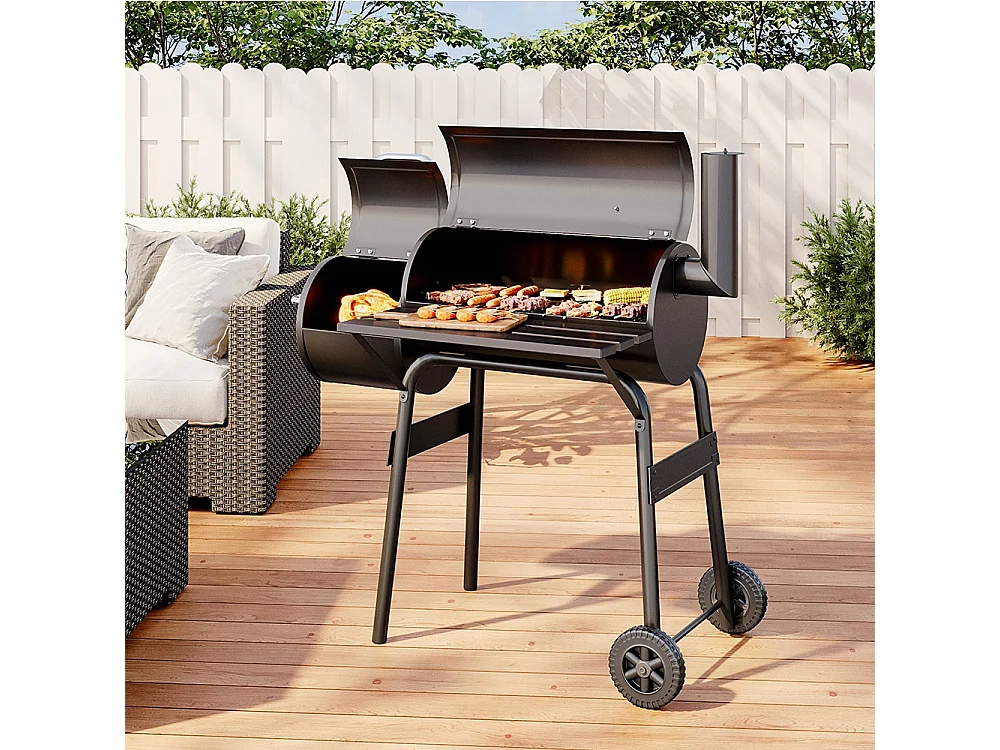 Dual-Chamber Charcoal BBQ Grill with Offset Smoker & Thermometer