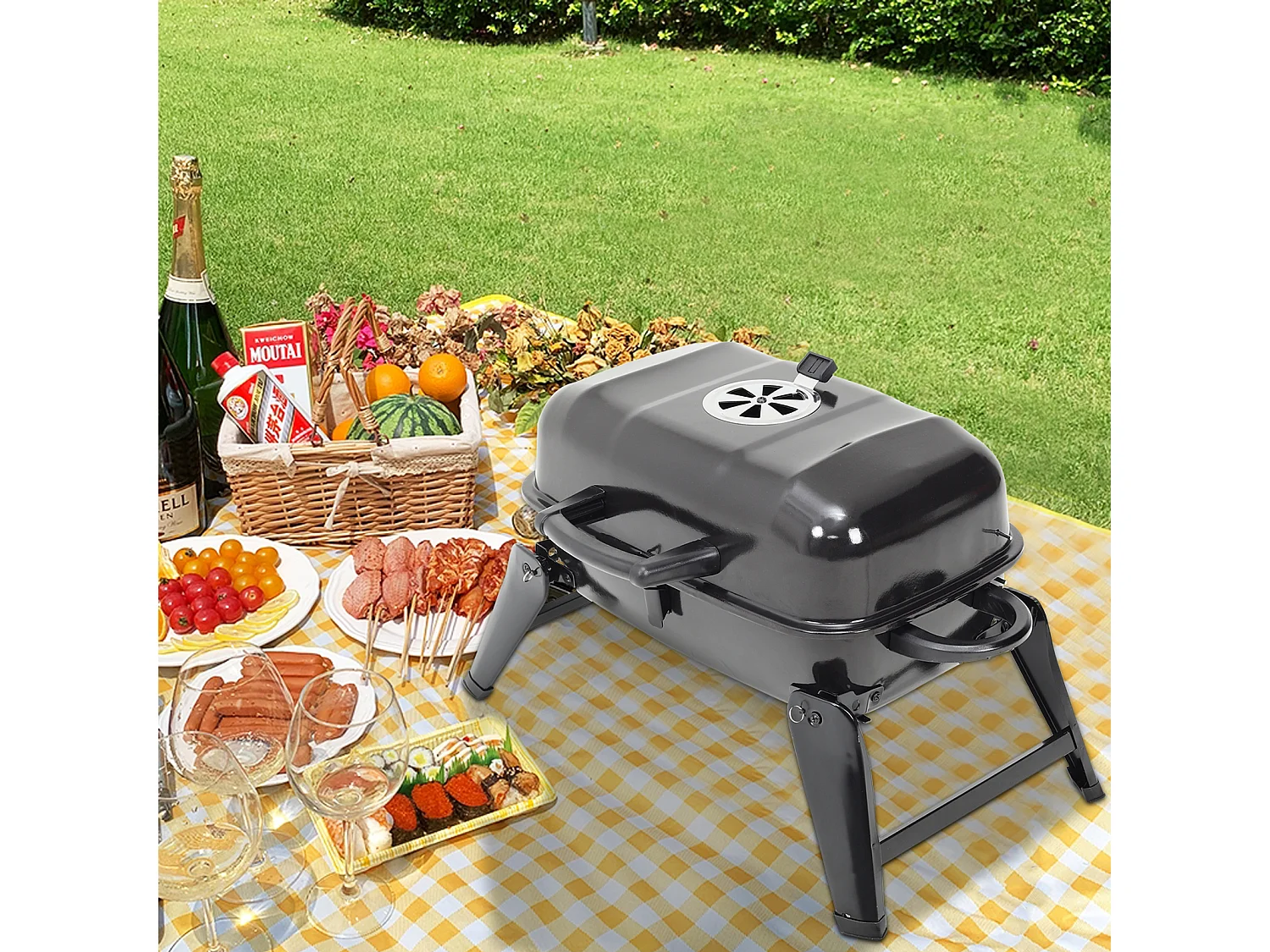 Compact Portable Charcoal Grill with Foldable Legs & Side Handles