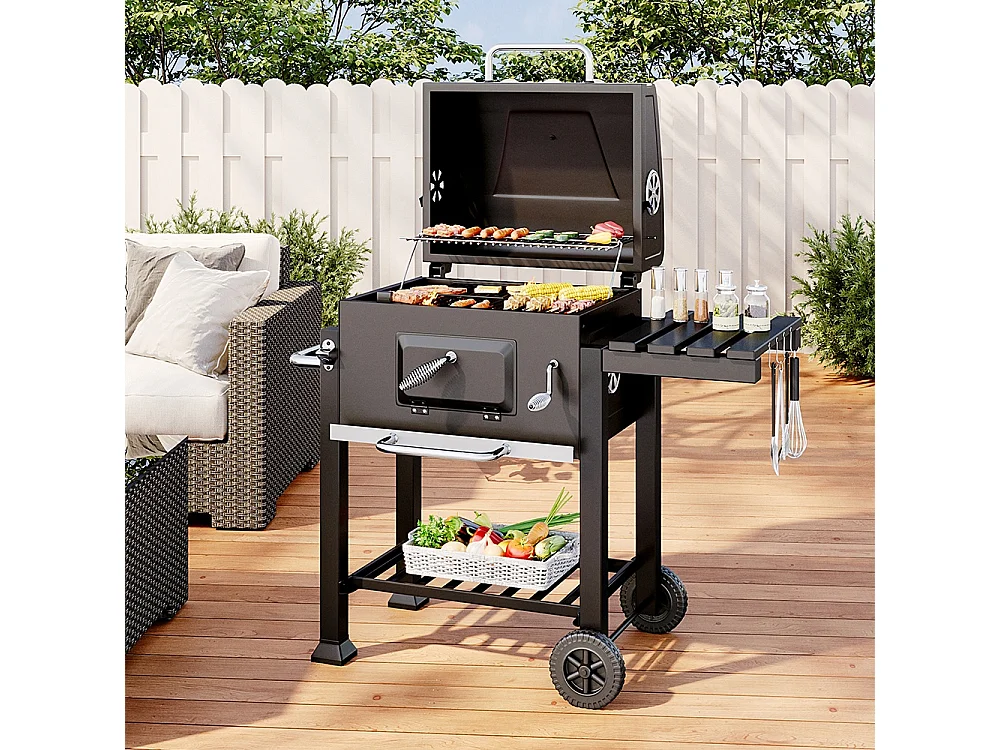Portable Charcoal BBQ Grill with Built-in Thermometer & Lid