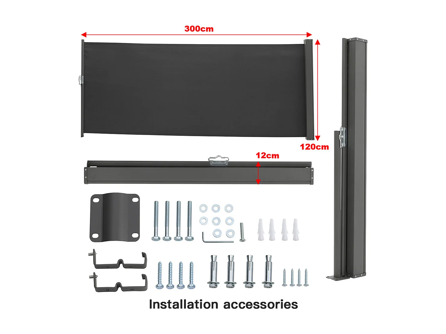 3M Retractable Side Awning with UV & Water Resistant -  120cm H - Dark Grey