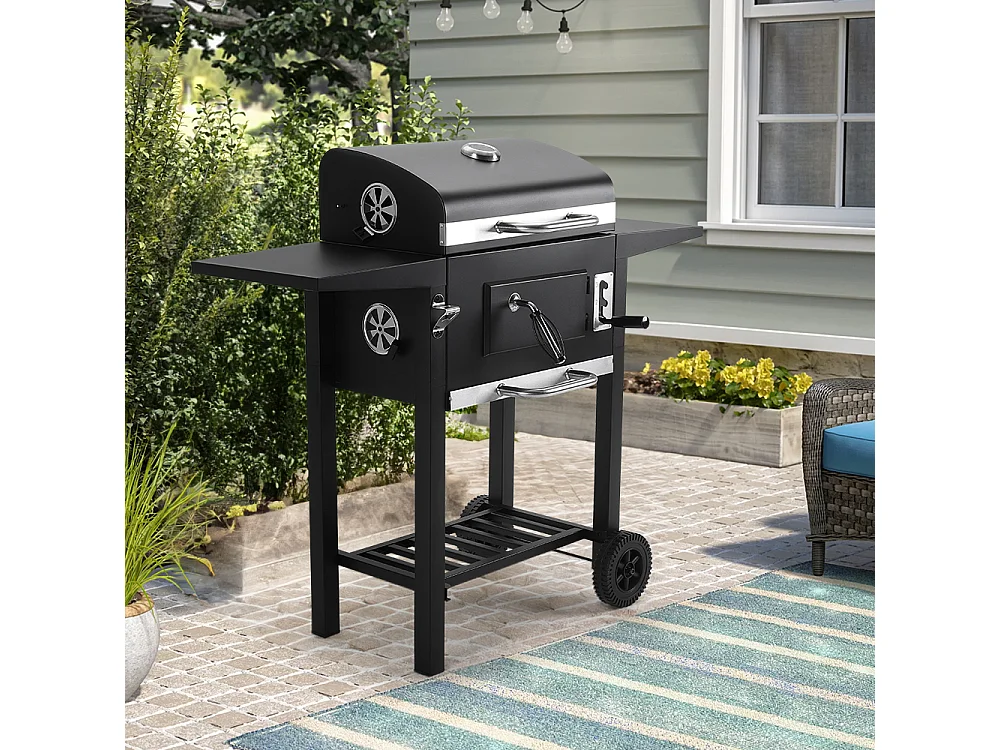 Carbon Steel Charcoal Grill with Thermometer & Side Shelves