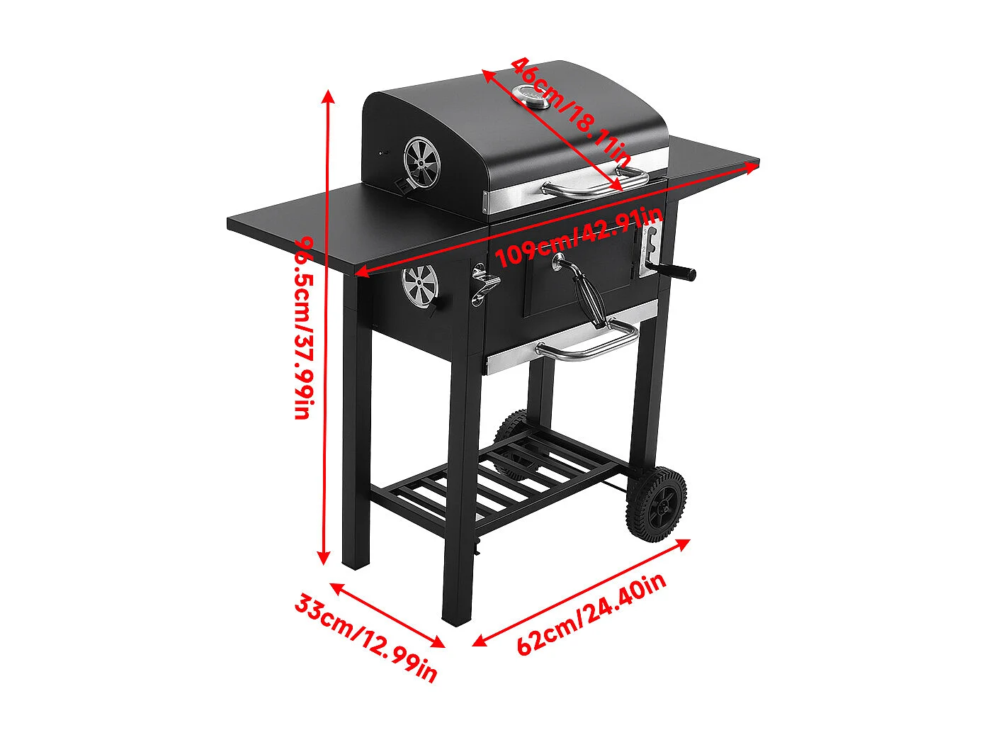Carbon Steel Charcoal Grill with Thermometer & Side Shelves