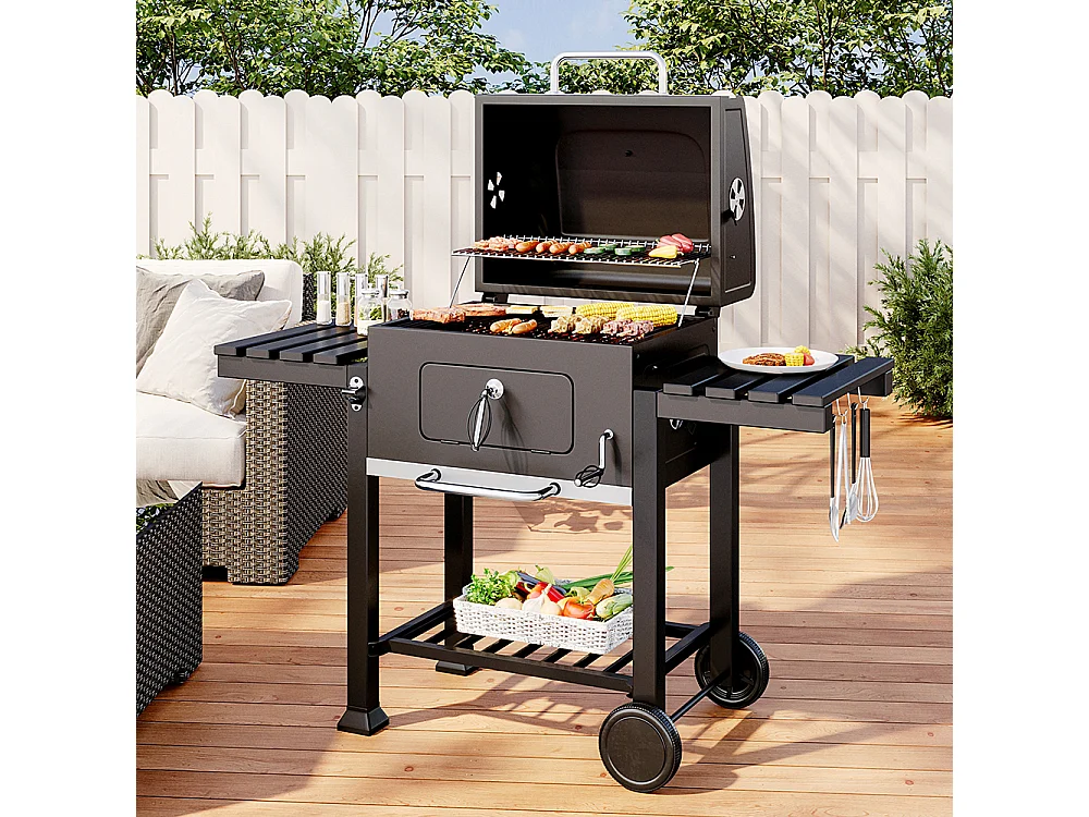 Portable Charcoal BBQ Grill with Warming Rack & Thermometer