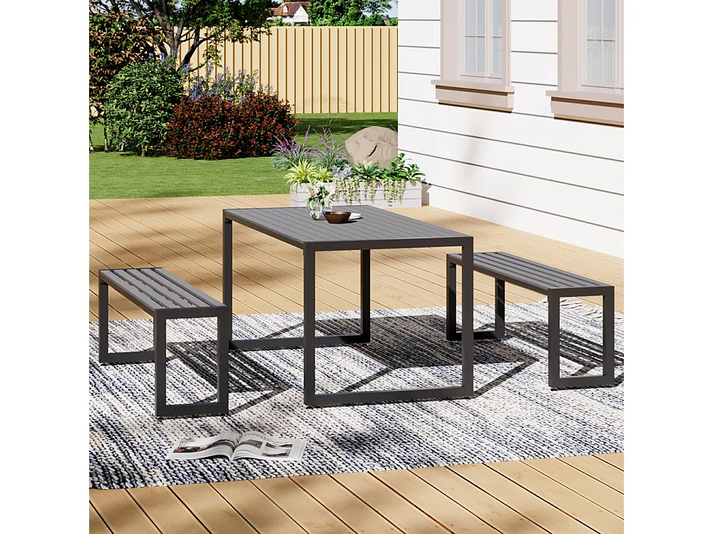 3-Piece Outdoor Wooden and Metallic Dining Set with Parasol Hole