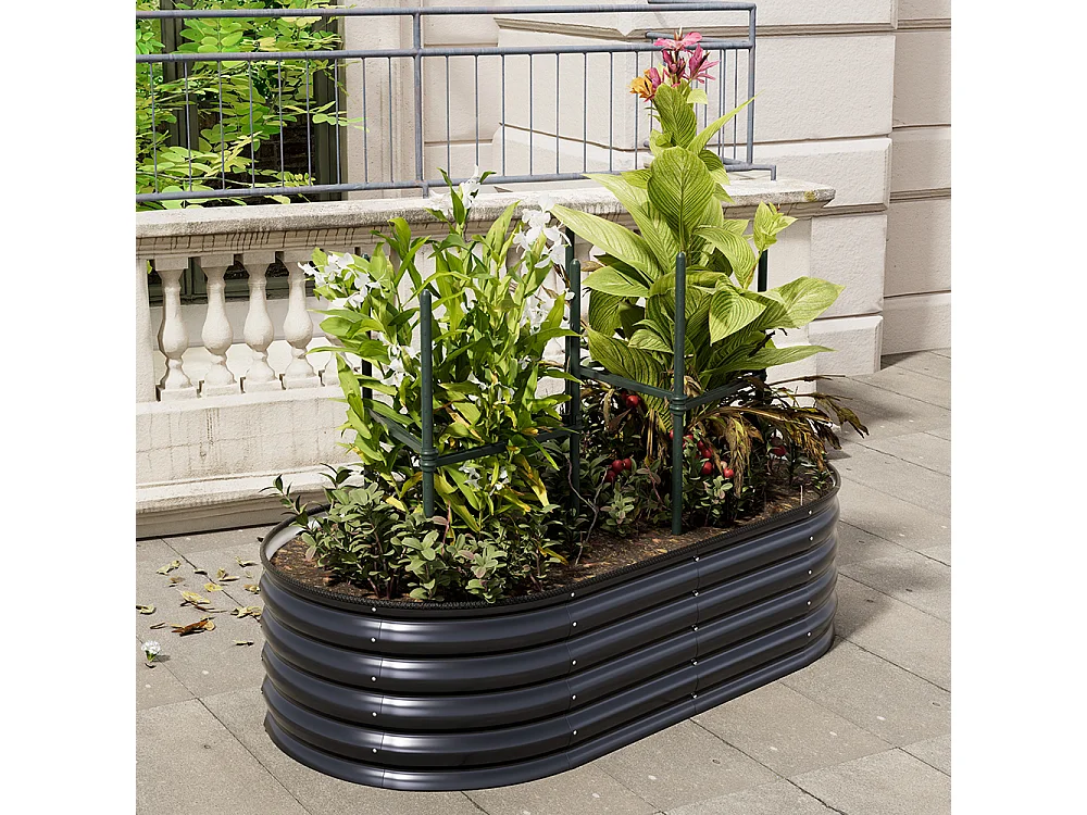 160cm Oval Galvanised Steel Garden Bed with Plant Support Trellis