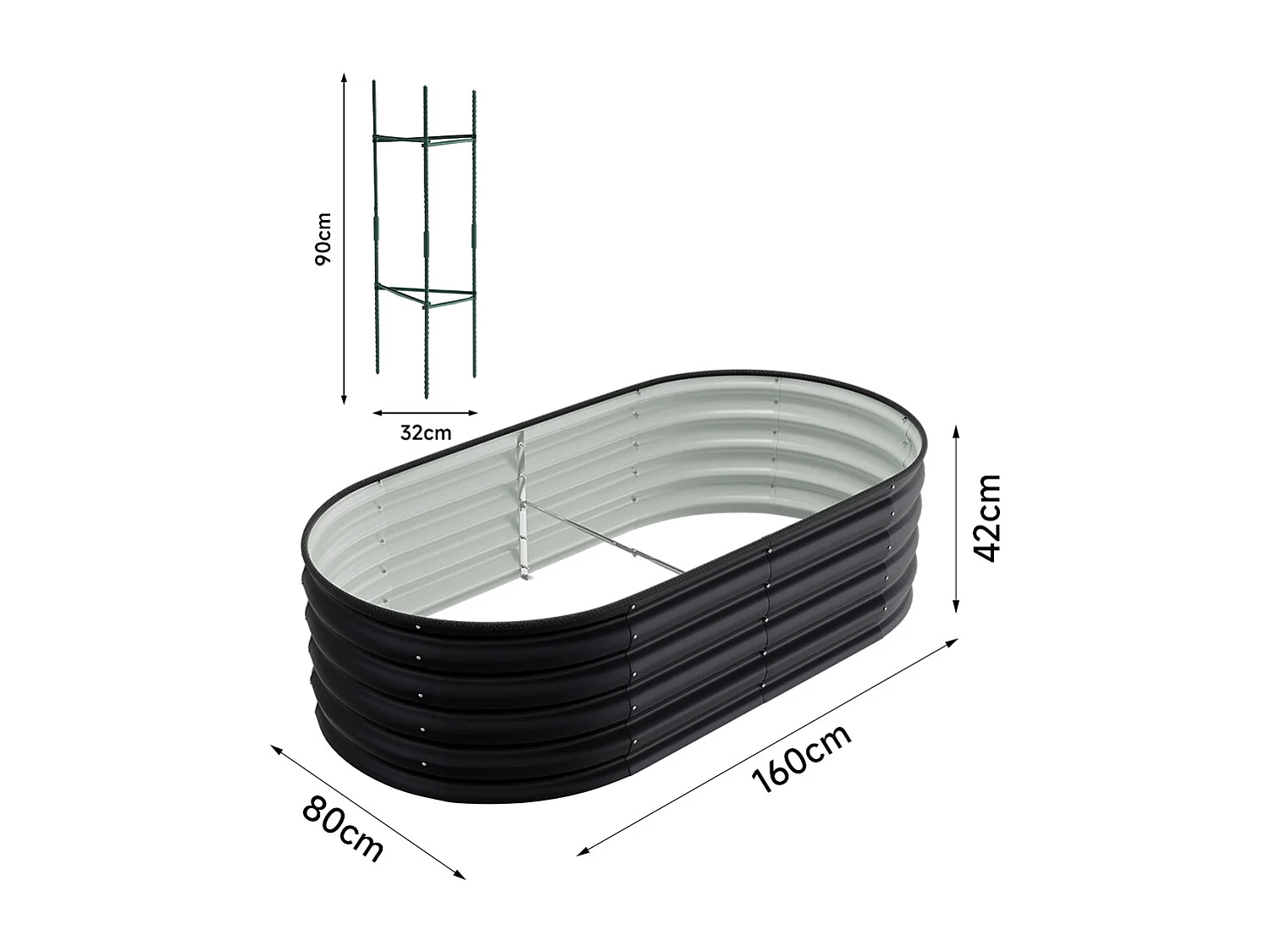 160cm Oval Galvanised Steel Garden Bed with Plant Support Trellis