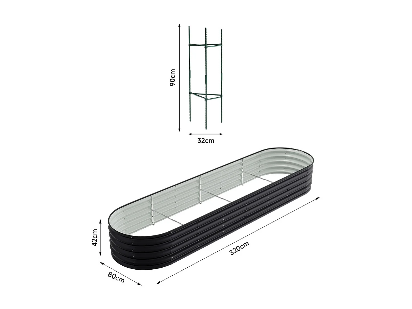 320cm Oval Galvanised Steel Garden Bed with Plant Support Trellis